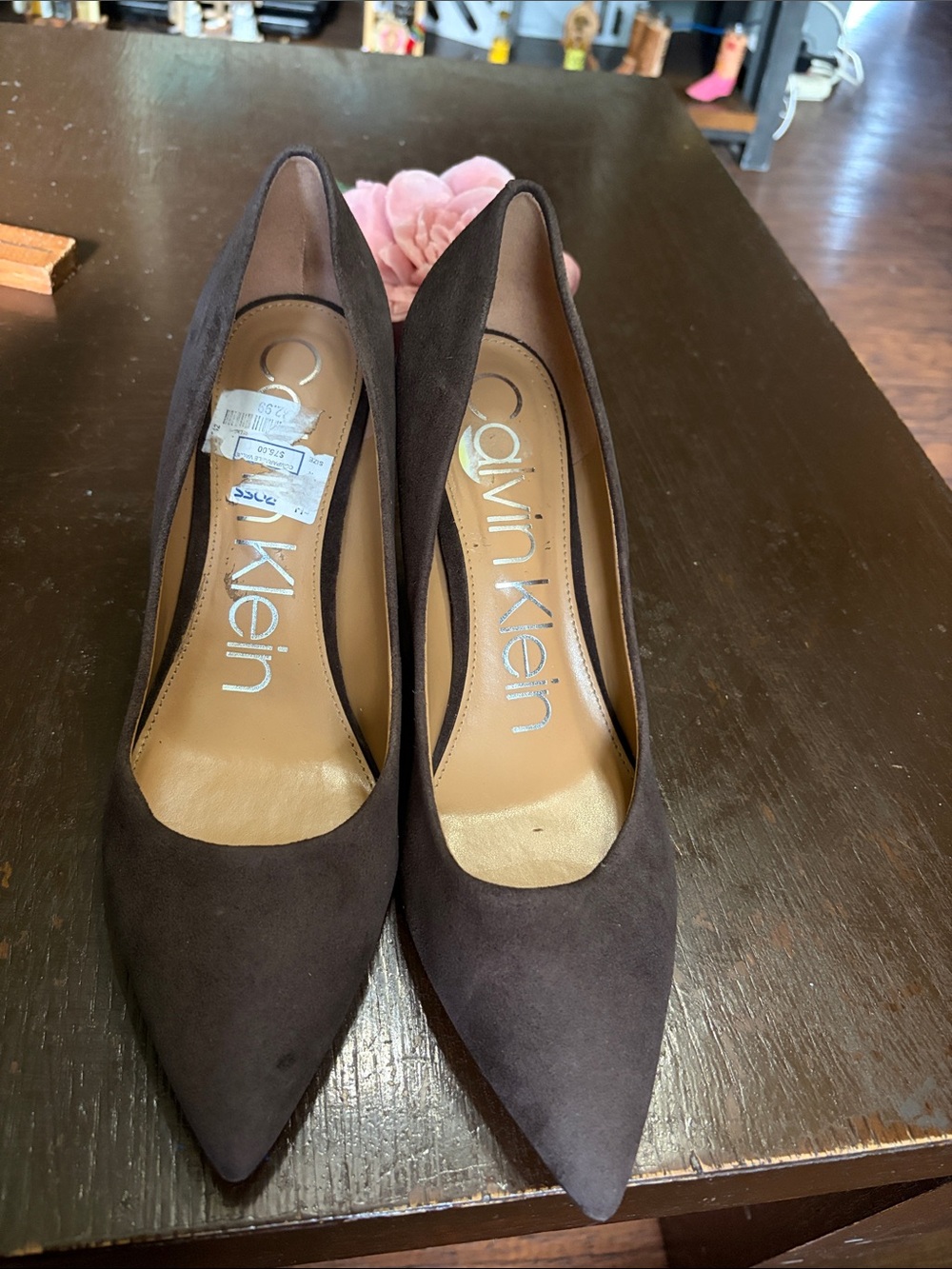 New Calvin Klein Dark Brown Suede Pointed Toe Pumps size 9